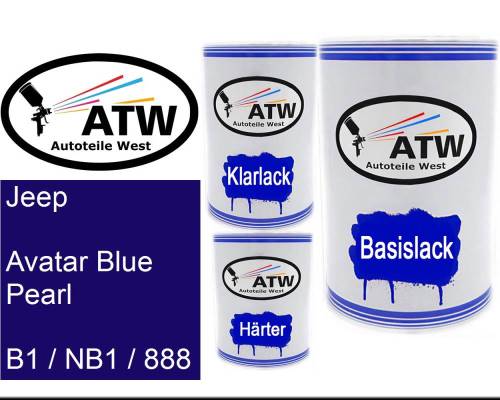 Jeep, Avatar Blue Pearl, B1 / NB1 / 888: 500ml Lackdose + 500ml Klarlack + 250ml Härter - Set, von ATW Autoteile West.